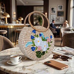 Passage White Flower Handcrafted Ribbon Embroidered Straw Round Shoulder Bag with Matching Earrings Set