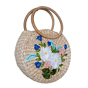 Passage White Flower Handcrafted Ribbon Embroidered Straw Round Shoulder Bag with Matching Earrings Set