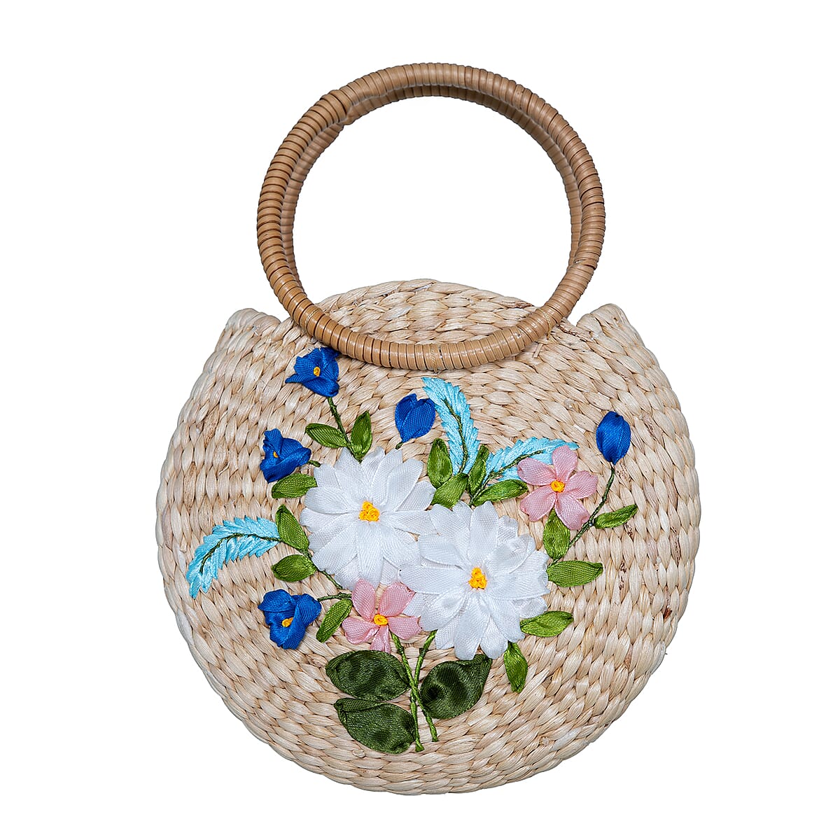 Passage White Flower Handcrafted Ribbon Embroidered Straw Round Shoulder Bag with Matching Earrings Set image number 4
