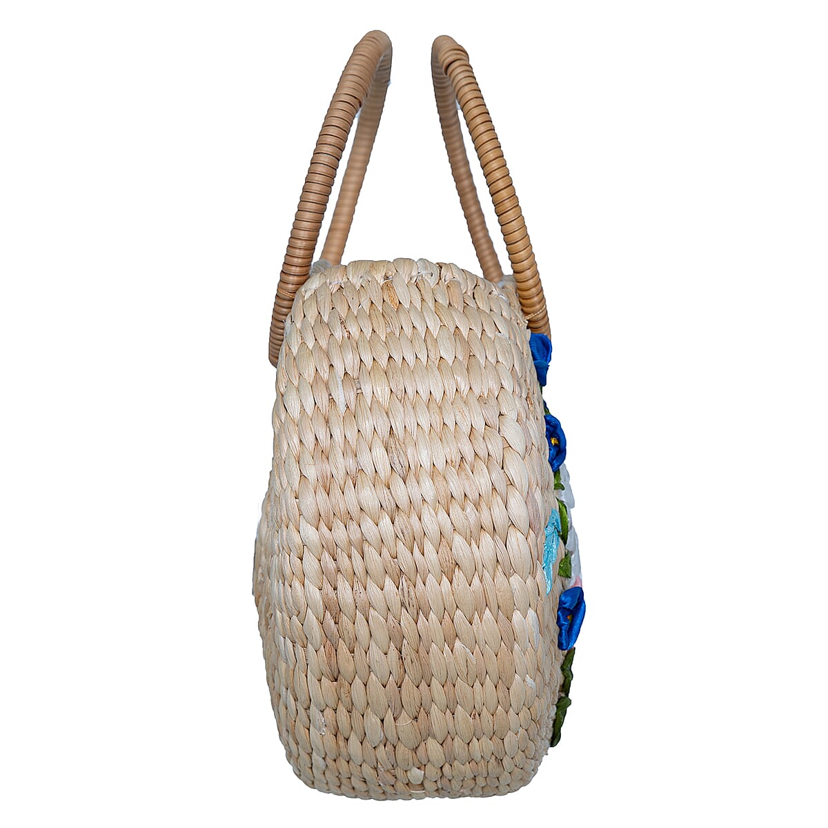 Passage White Flower Handcrafted Ribbon Embroidered Straw Round Shoulder Bag with Matching Earrings Set image number 5