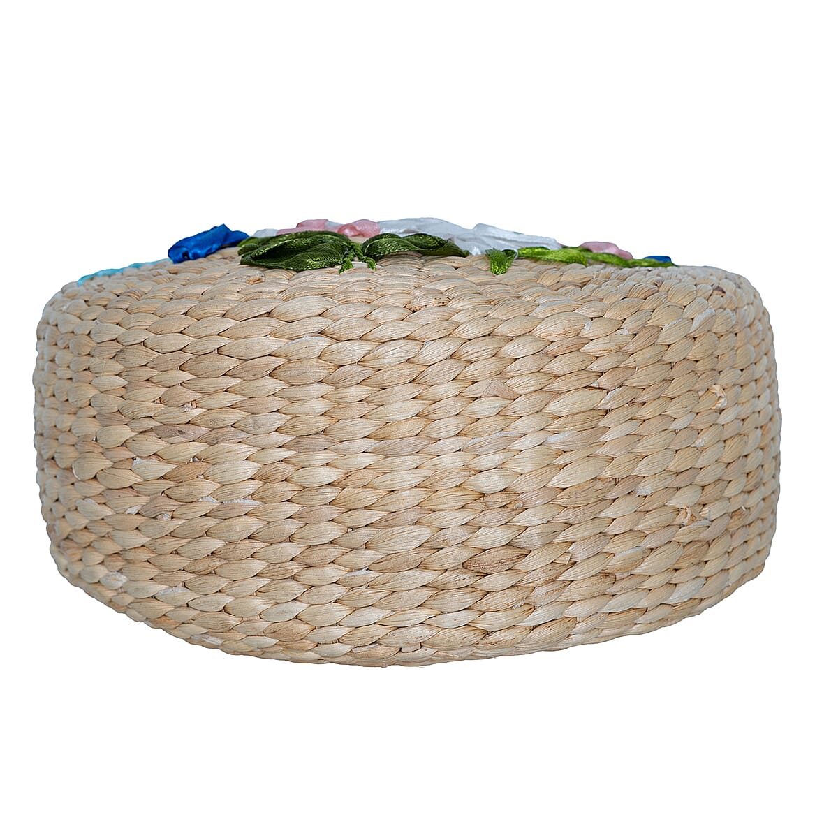 Passage White Flower Handcrafted Ribbon Embroidered Straw Round Shoulder Bag with Matching Earrings Set image number 7