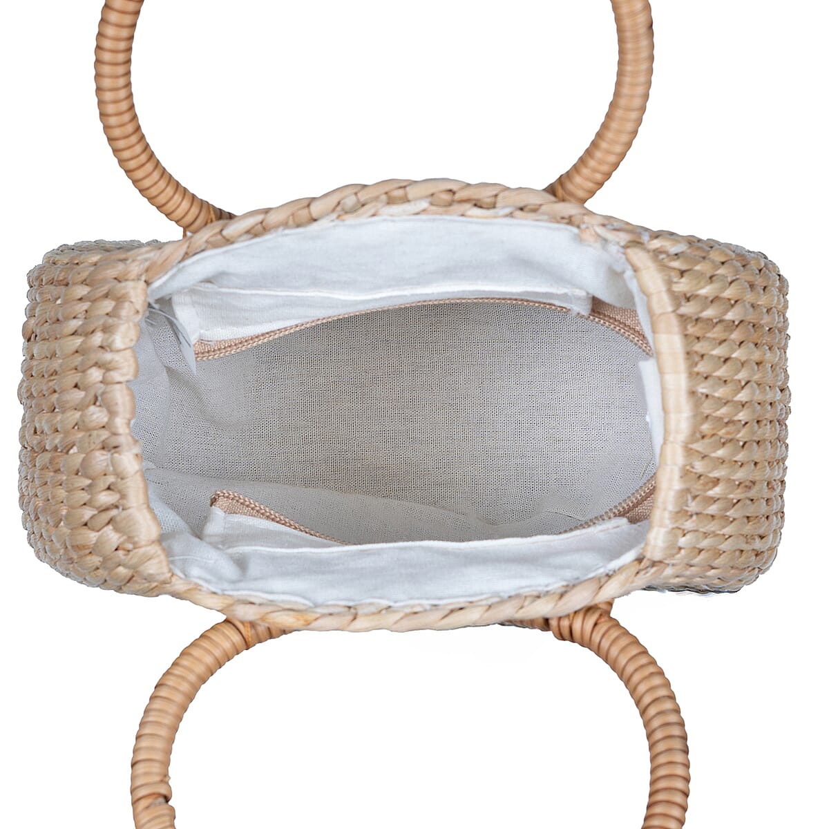 Passage White Flower Handcrafted Ribbon Embroidered Straw Round Shoulder Bag with Matching Earrings Set image number 8