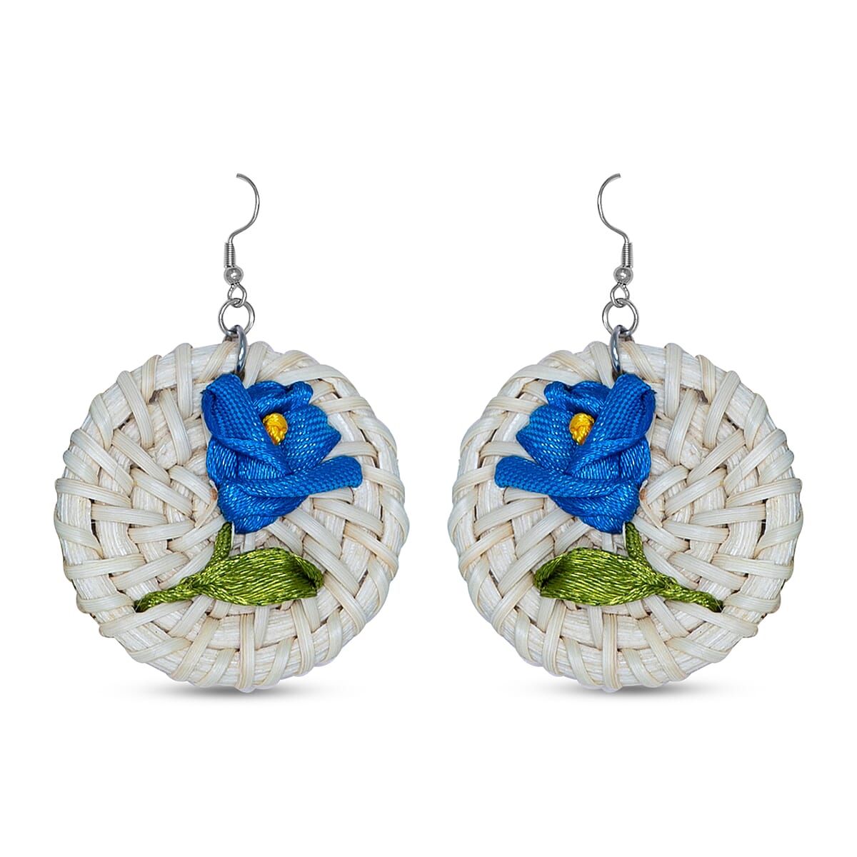 Passage White Flower Handcrafted Ribbon Embroidered Straw Round Shoulder Bag with Matching Earrings Set image number 9