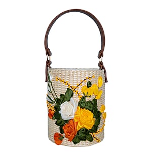 Passage Golden Rose Bouquet Handcrafted Ribbon Embroidered Cylinder Shoulder Bag