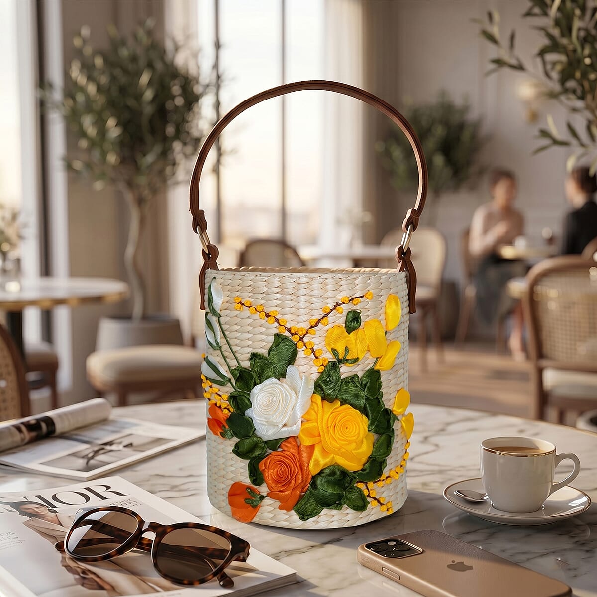 Passage Golden Rose Bouquet Handcrafted Ribbon Embroidered Cylinder Shoulder Bag image number 1