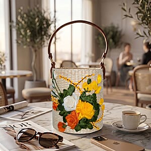 Passage Golden Rose Bouquet Handcrafted Ribbon Embroidered Cylinder Shoulder Bag