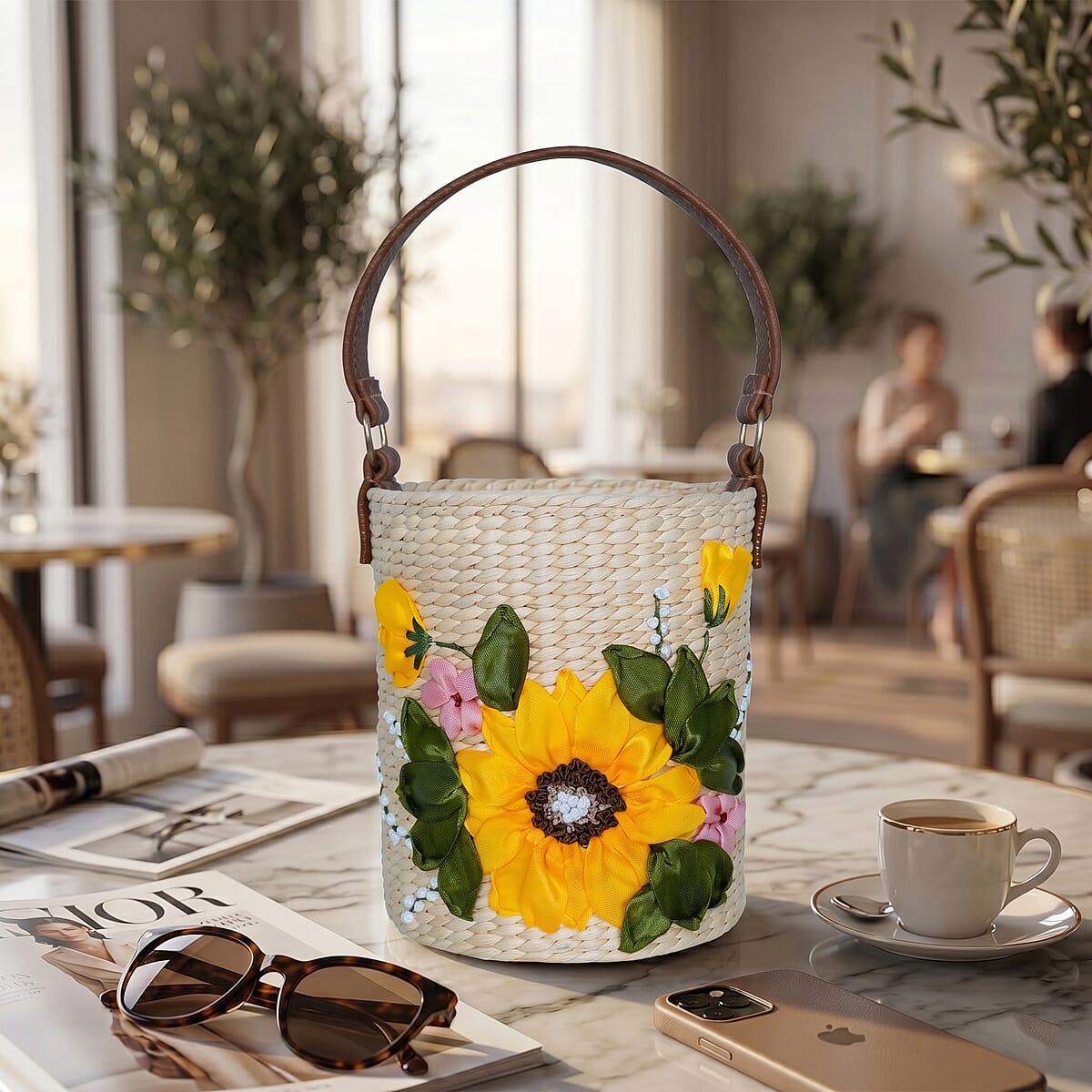 Passage Sunflower Bloom Handcrafted Ribbon Embroidered Cylinder Shoulder Bag image number 1