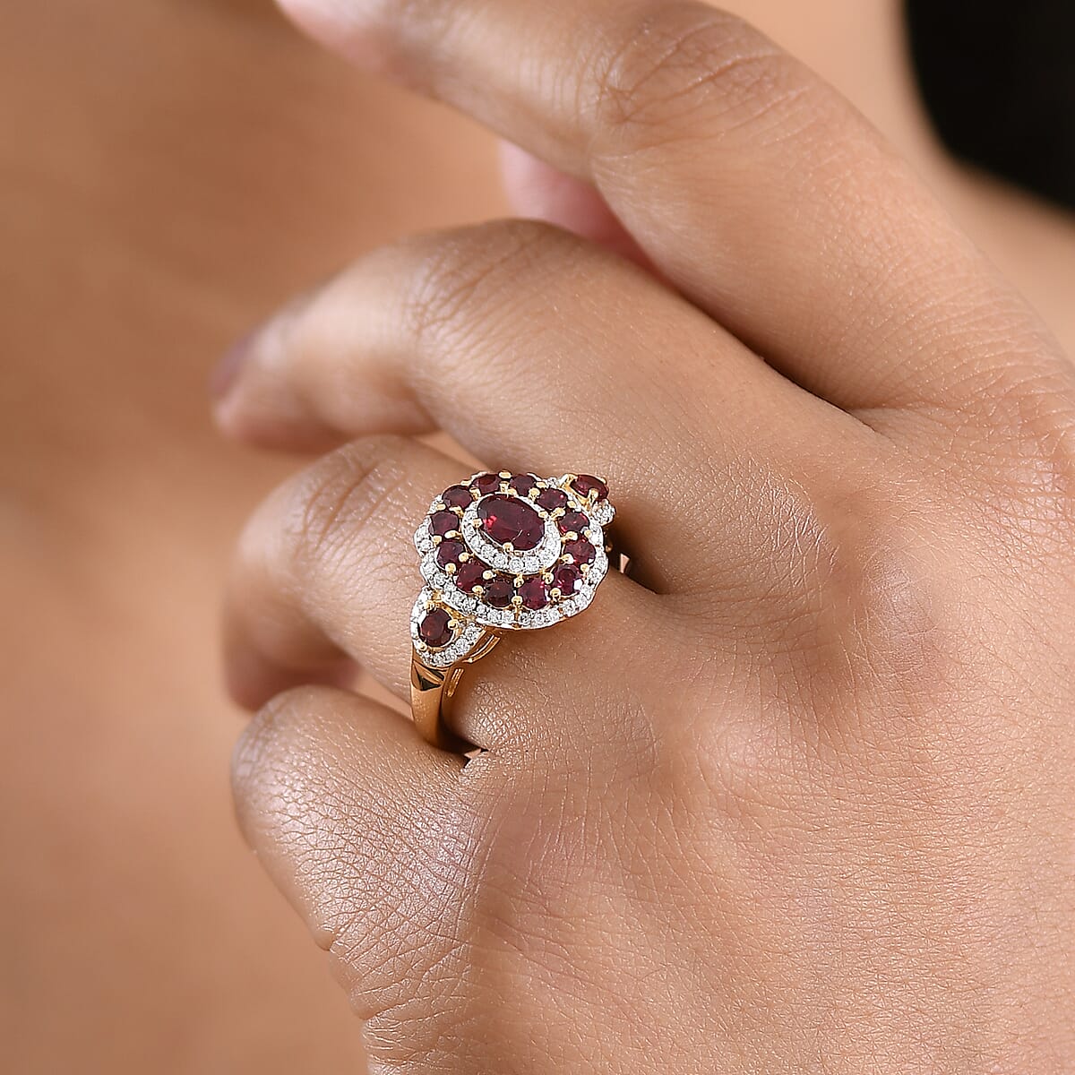 D'Joy Premium Anthill Garnet and Moissanite 2.40 ctw Crimson Bloom Ring in 18K Vermeil Yellow Gold Over Sterling Silver (Size 10.0) image number 2