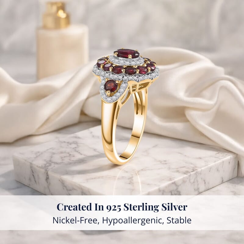 D'Joy Premium Anthill Garnet and Moissanite 2.40 ctw Crimson Bloom Ring in 18K Vermeil Yellow Gold Over Sterling Silver (Size 10.0)