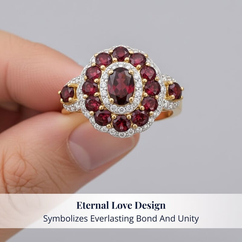 D'Joy Premium Anthill Garnet and Moissanite 2.40 ctw Crimson Bloom Ring in 18K Vermeil Yellow Gold Over Sterling Silver (Size 10.0)
