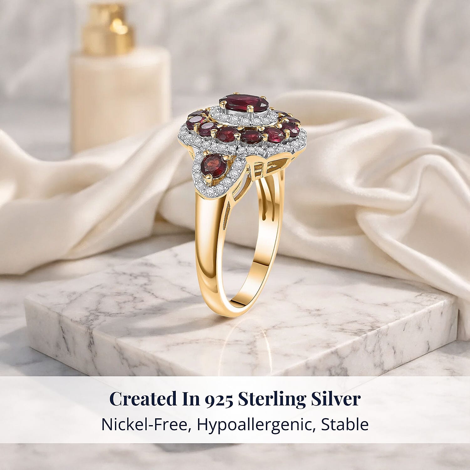 D'Joy Premium Anthill Garnet and Moissanite 2.40 ctw Crimson Bloom Ring in 18K Vermeil Yellow Gold Over Sterling Silver (Size 7.0)