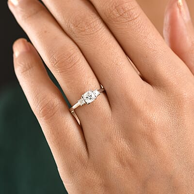 D'Joy Strontium Titanate and Moissanite 1.00 ctw 3 Stone Ring in Rhodium Over Sterling Silver (Size 5.0)