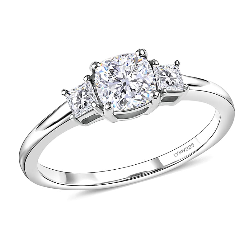 D'Joy Strontium Titanate and Moissanite 1.00 ctw 3 Stone Ring in Rhodium Over Sterling Silver (Size 7.0)