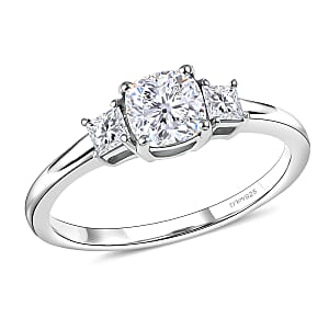 D'Joy Strontium Titanate and Moissanite 1.00 ctw 3 Stone Ring in Rhodium Over Sterling Silver (Size 8.0)