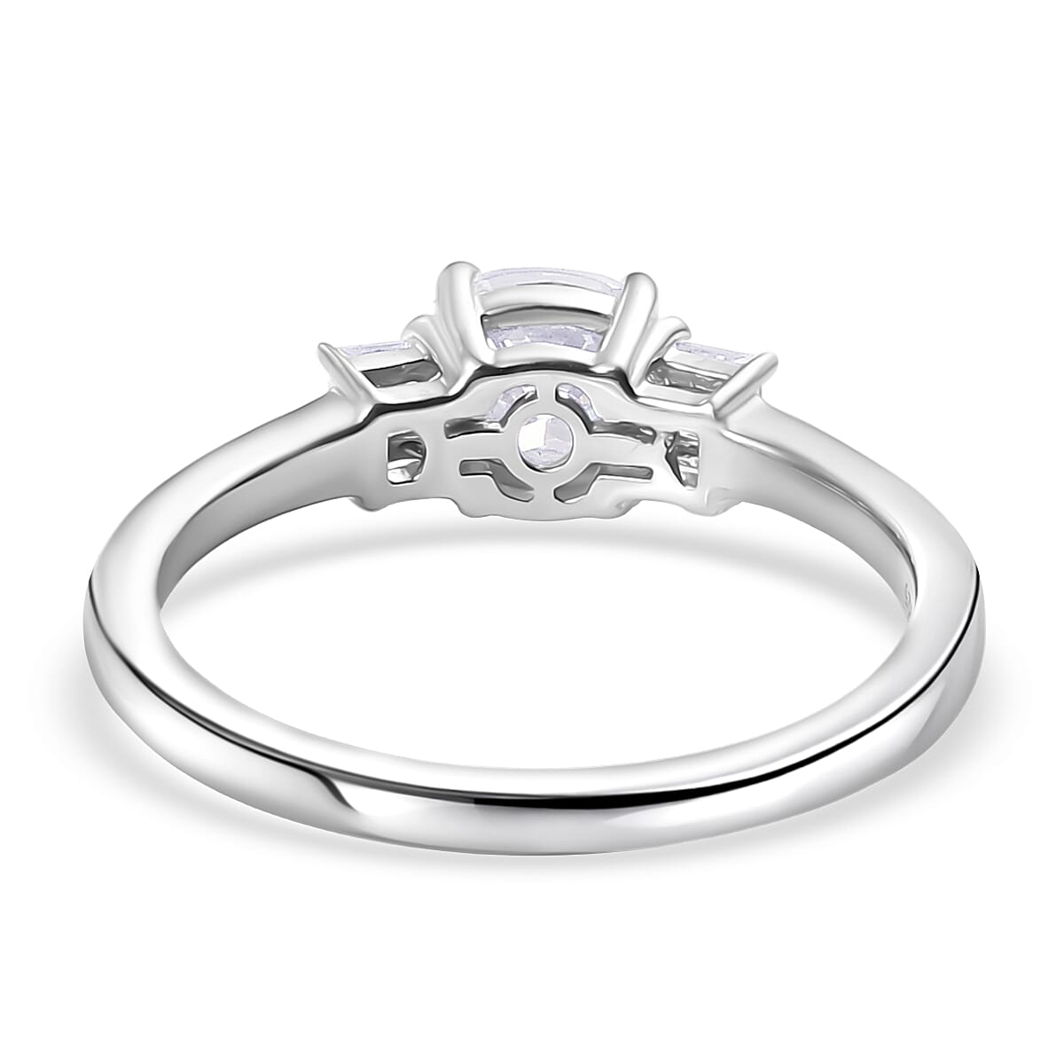 D'Joy Strontium Titanate and Moissanite 1.00 ctw 3 Stone Ring in Rhodium Over Sterling Silver (Size 8.0) image number 4
