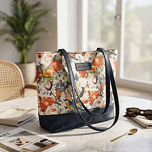 Passage Multi Color Floral Print 60% Polyester, 10% Cotton, 30% Faux Leather Tote Bag