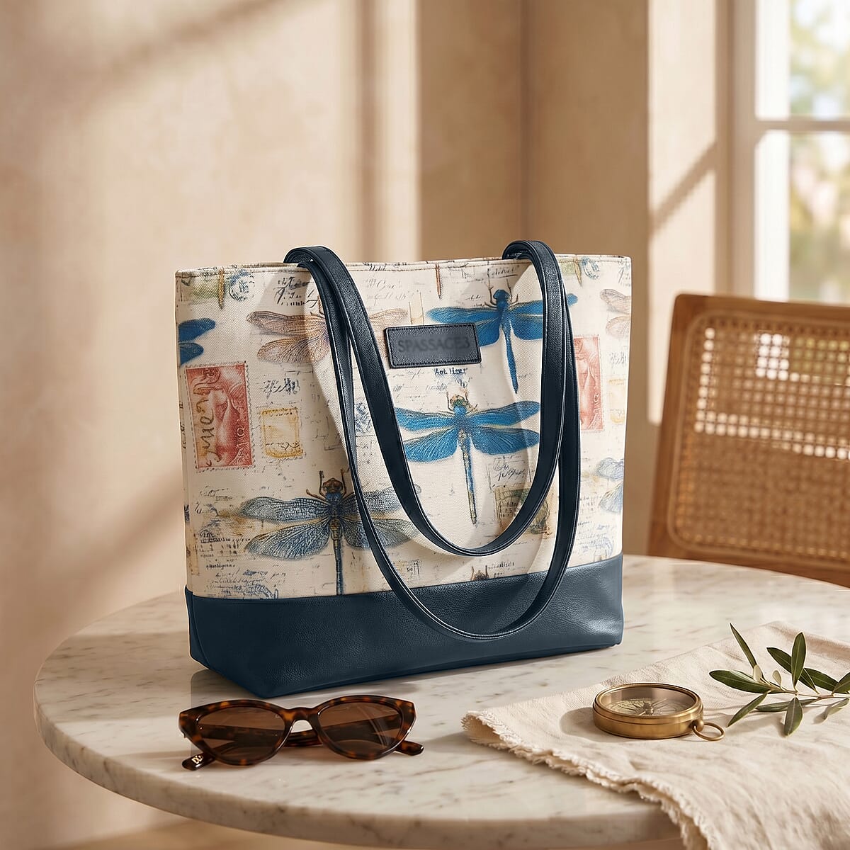 Passage Multi Color Dragonfly Print 60% Polyester, 10% Cotton, 30% Faux Leather Tote Bag image number 1