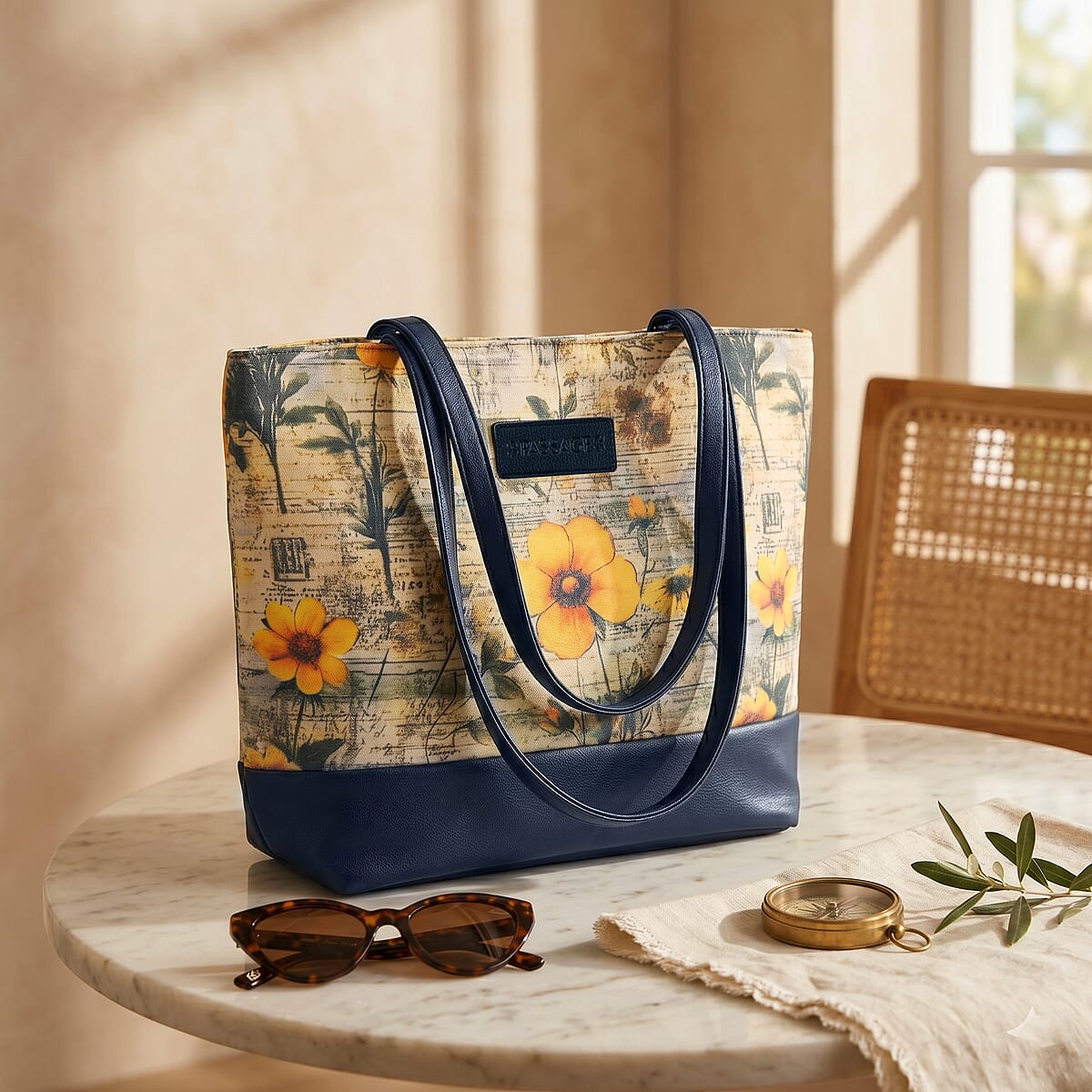 Passage Multi Color Botanical Print 60% Polyester, 10% Cotton, 30% Faux Leather Tote Bag image number 1