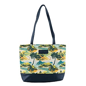 Passage Multi Color Tropical Landscape Print 60% Polyester, 10% Cotton, 30% Faux Leather Tote Bag