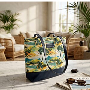 Passage Multi Color Tropical Landscape Print 60% Polyester, 10% Cotton, 30% Faux Leather Tote Bag