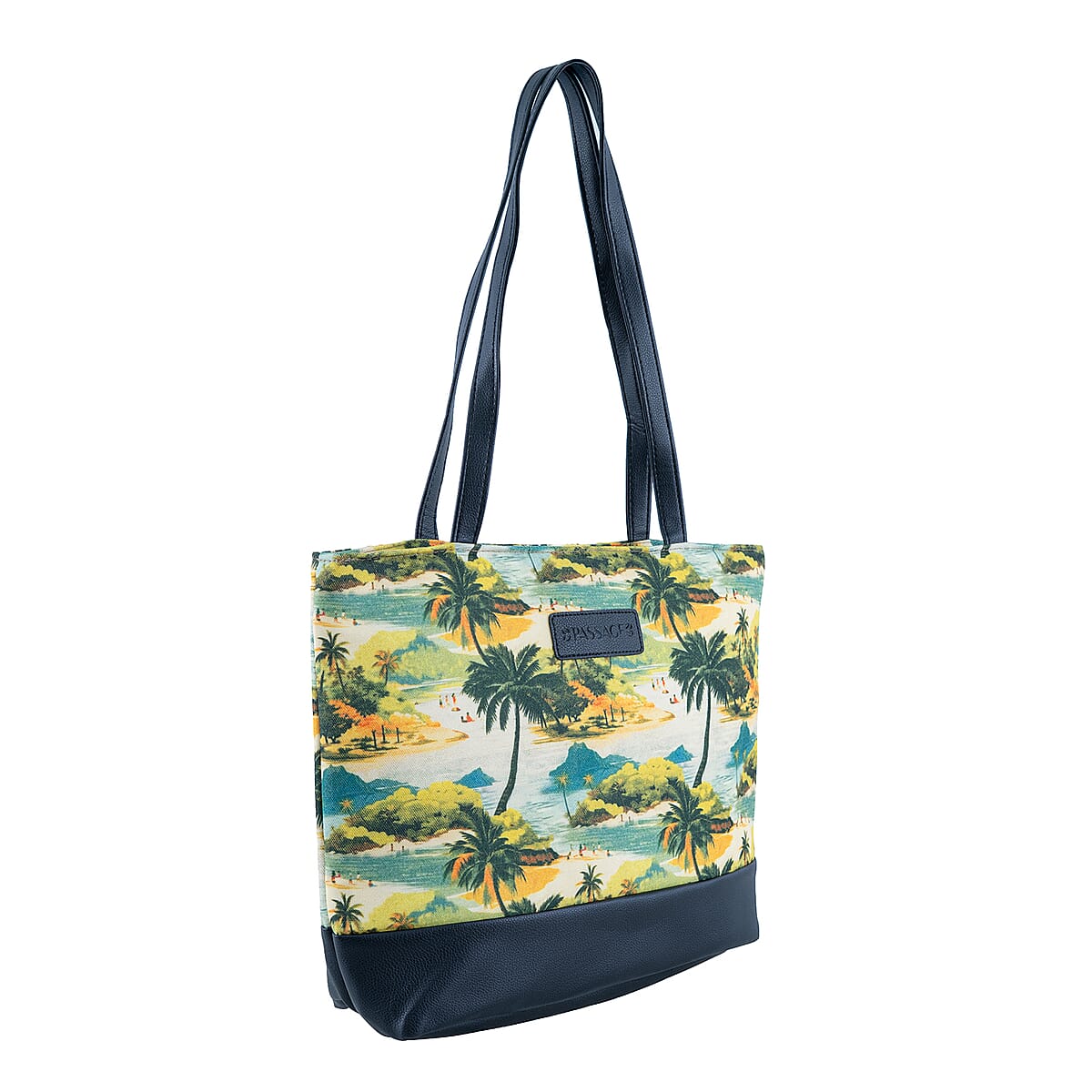 Passage Multi Color Tropical Landscape Print 60% Polyester, 10% Cotton, 30% Faux Leather Tote Bag image number 3