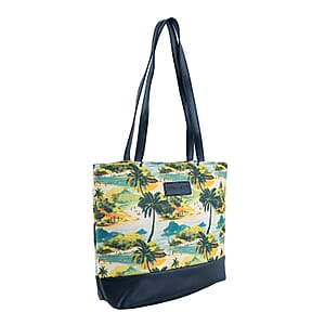 Passage Multi Color Tropical Landscape Print 60% Polyester, 10% Cotton, 30% Faux Leather Tote Bag