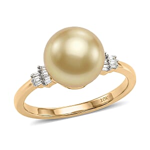 Luxoro AAA South Sea Golden Cultured Pearl and Diamond (I2) 0.10 ctw Signature Ring in 10K Yellow Gold (Size 6.0)