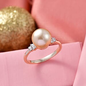 Luxoro AAA South Sea Golden Cultured Pearl and Diamond (I2) 0.10 ctw Signature Ring in 10K Yellow Gold (Size 6.0)