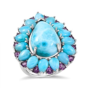 D'Joy Larimar and Orissa Rhodolite Garnet 22.10 ctw Ocean Ripple Halo Ring in Rhodium Over Sterling Silver (Size 10.0)