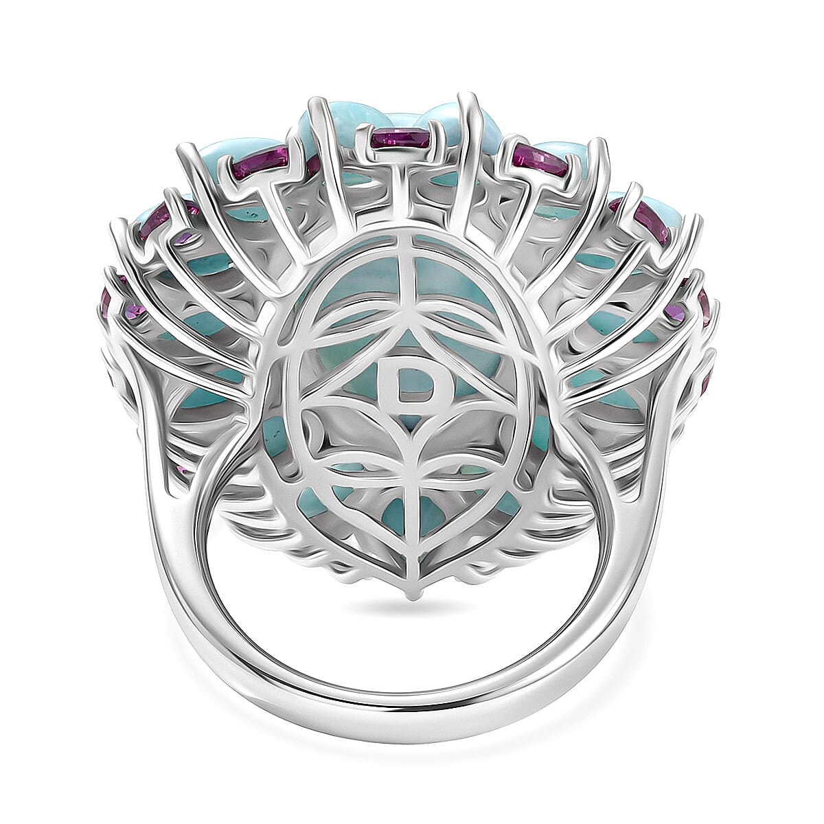 D'Joy Larimar and Orissa Rhodolite Garnet 22.10 ctw Ocean Ripple Halo Ring in Rhodium Over Sterling Silver (Size 10.0) image number 4