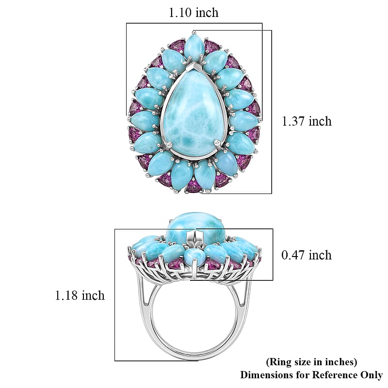 D'Joy Larimar and Orissa Rhodolite Garnet 22.10 ctw Ocean Ripple Halo Ring in Rhodium Over Sterling Silver (Size 10.0)