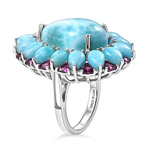 D'Joy Larimar and Orissa Rhodolite Garnet 22.10 ctw Ocean Ripple Halo Ring in Rhodium Over Sterling Silver (Size 8.0)