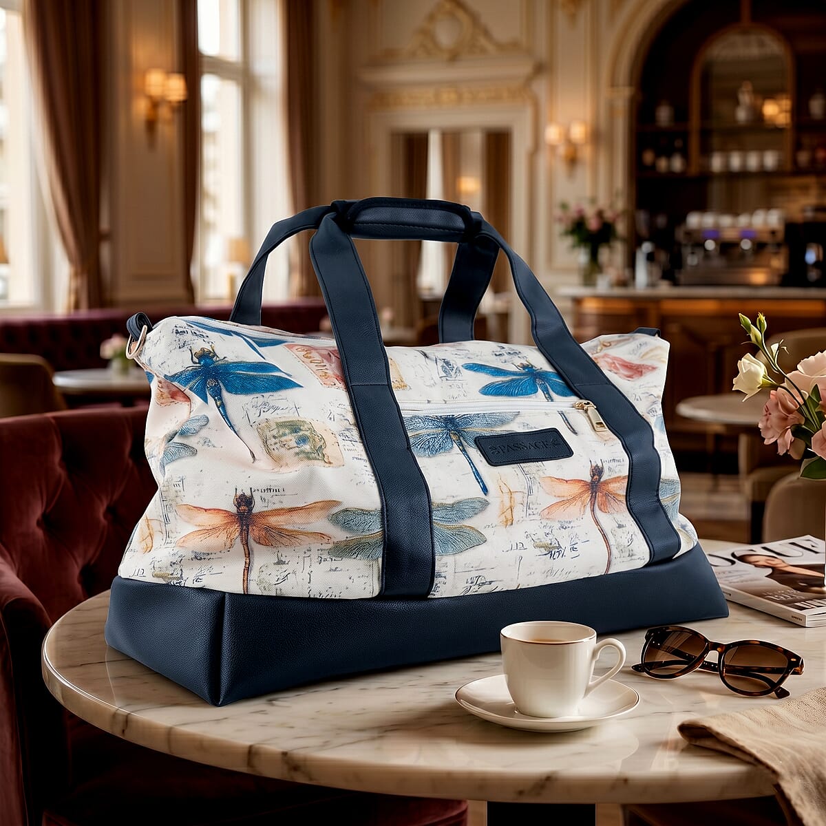 Passage Multi Color Dragonfly Print 60% Polyester, 10% Cotton, 30% Faux Leather Travel Duffel Bag image number 1