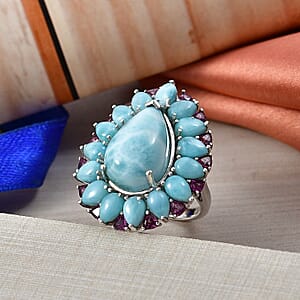 D'Joy Larimar and Orissa Rhodolite Garnet 22.10 ctw Ocean Ripple Halo Ring in Rhodium Over Sterling Silver (Size 9.0)