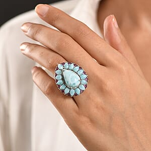 D'Joy Larimar and Orissa Rhodolite Garnet 22.10 ctw Ocean Ripple Halo Ring in Rhodium Over Sterling Silver (Size 9.0)