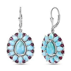 D'Joy Larimar and Orissa Rhodolite Garnet 23.00 ctw Ocean Ripple Halo Earrings in Rhodium Over Sterling Silver