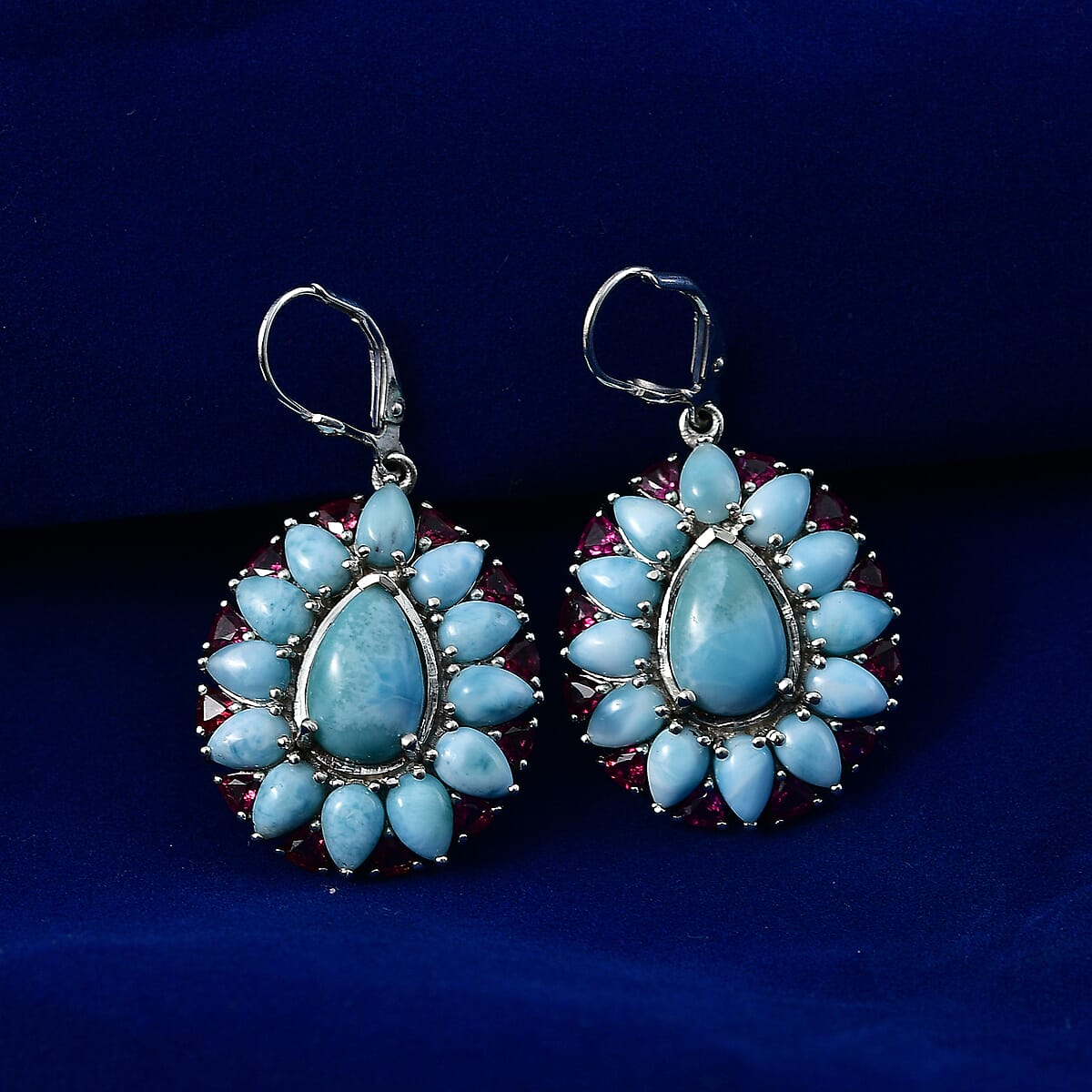 D'Joy Larimar and Orissa Rhodolite Garnet 23.00 ctw Ocean Ripple Halo Earrings in Rhodium Over Sterling Silver image number 1