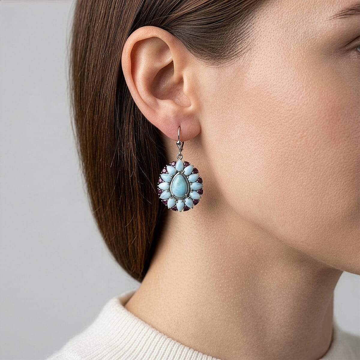 D'Joy Larimar and Orissa Rhodolite Garnet 23.00 ctw Ocean Ripple Halo Earrings in Rhodium Over Sterling Silver image number 2