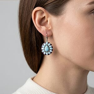 D'Joy Larimar and Orissa Rhodolite Garnet 23.00 ctw Ocean Ripple Halo Earrings in Rhodium Over Sterling Silver