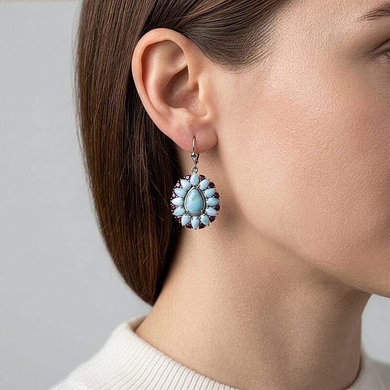 D'Joy Larimar and Orissa Rhodolite Garnet 23.00 ctw Ocean Ripple Halo Earrings in Rhodium Over Sterling Silver