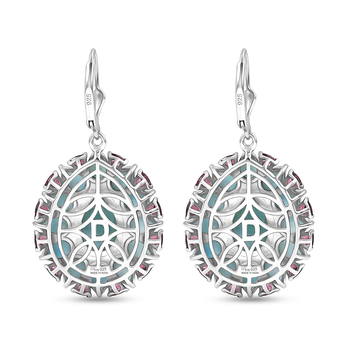 D'Joy Larimar and Orissa Rhodolite Garnet 23.00 ctw Ocean Ripple Halo Earrings in Rhodium Over Sterling Silver image number 4