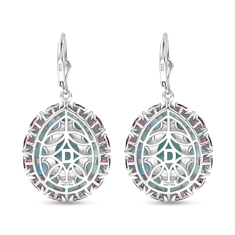 D'Joy Larimar and Orissa Rhodolite Garnet 23.00 ctw Ocean Ripple Halo Earrings in Rhodium Over Sterling Silver