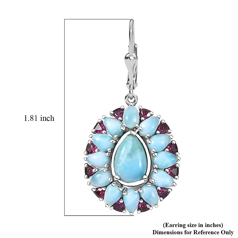 D'Joy Larimar and Orissa Rhodolite Garnet 23.00 ctw Ocean Ripple Halo Earrings in Rhodium Over Sterling Silver