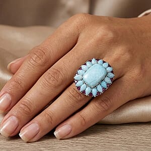 D'Joy Larimar and Orissa Rhodolite Garnet 27.00 ctw Ocean Ripple Halo Ring in Rhodium Over Sterling Silver (Size 10.0)