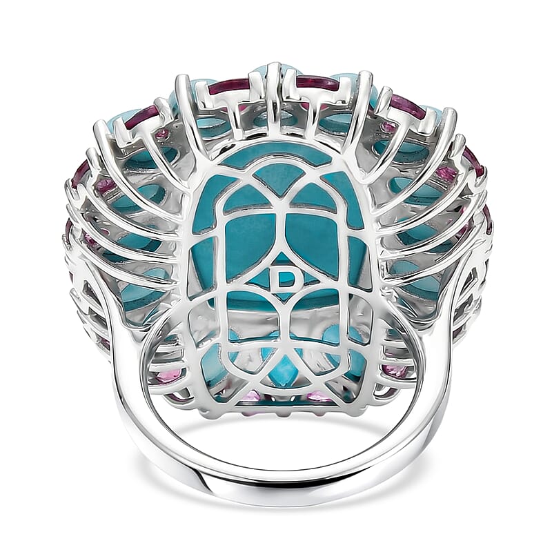 D'Joy Larimar and Orissa Rhodolite Garnet 27.00 ctw Ocean Ripple Halo Ring in Rhodium Over Sterling Silver (Size 10.0)