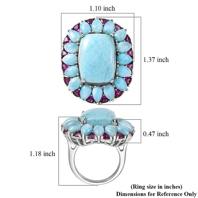 D'Joy Larimar and Orissa Rhodolite Garnet 27.00 ctw Ocean Ripple Halo Ring in Rhodium Over Sterling Silver (Size 10.0)