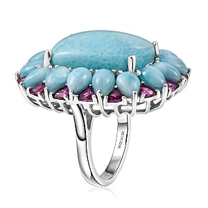 D'Joy Larimar and Orissa Rhodolite Garnet 27.00 ctw Ocean Ripple Halo Ring in Rhodium Over Sterling Silver (Size 7.0)