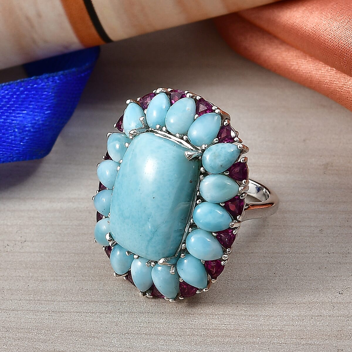 D'Joy Larimar and Orissa Rhodolite Garnet 27.00 ctw Ocean Ripple Halo Ring in Rhodium Over Sterling Silver (Size 9.0) image number 1