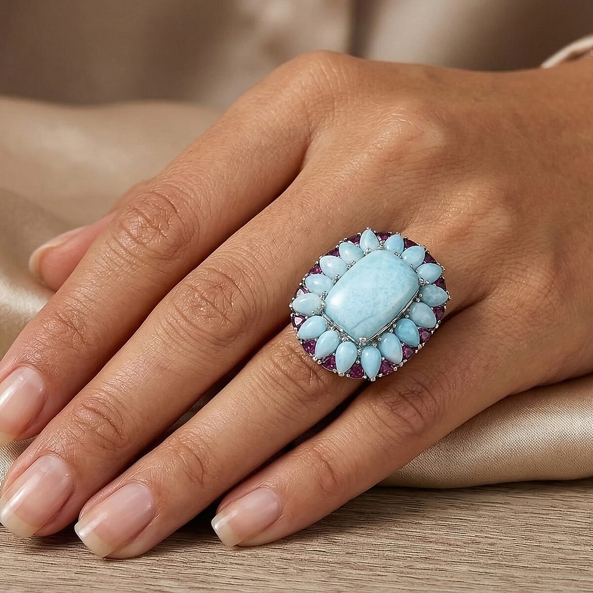 D'Joy Larimar and Orissa Rhodolite Garnet 27.00 ctw Ocean Ripple Halo Ring in Rhodium Over Sterling Silver (Size 9.0) image number 2