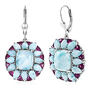 D'Joy Larimar and Orissa Rhodolite Garnet 28.65 ctw Ocean Ripple Halo Earrings in Rhodium Over Sterling Silver